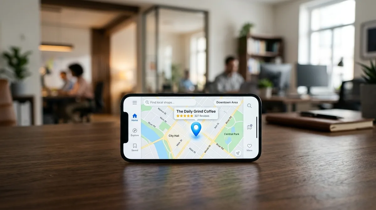 Smartphone exibindo localização no Google Maps com avaliações 5 estrelas em mesa de escritório