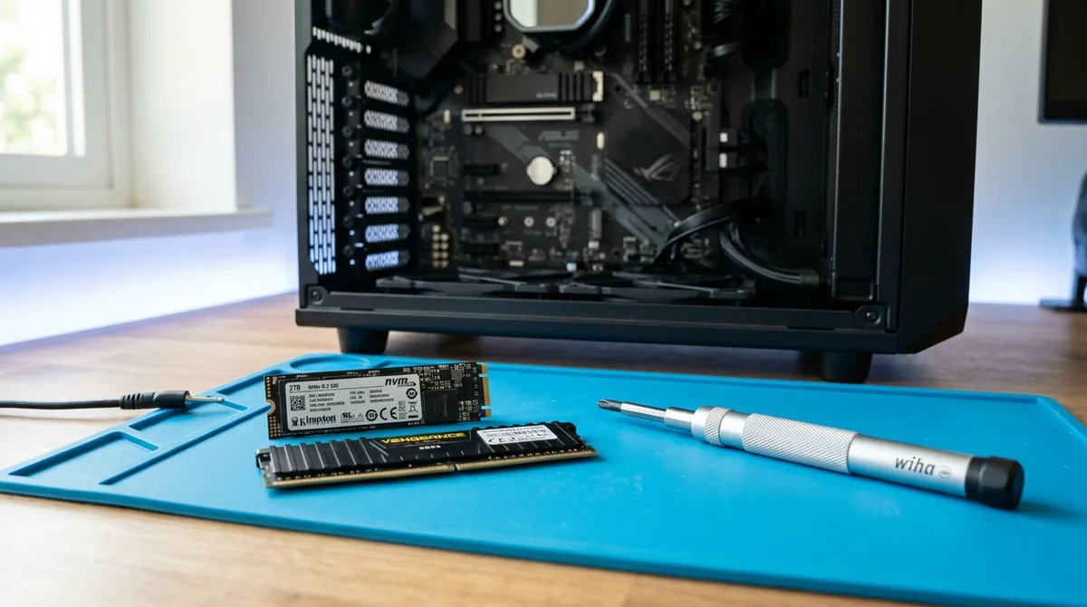 Bancada técnica com manta antiestática, SSD NVMe, pente de memória RAM e chave de precisão