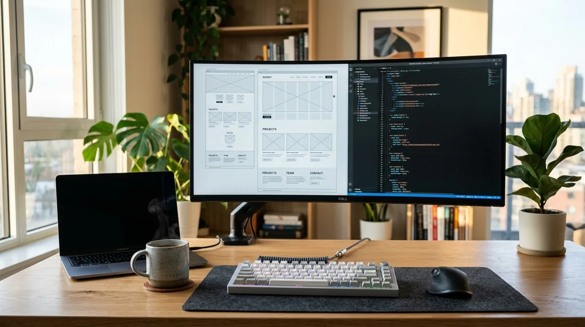 Monitor ultrawide com wireframe e código de desenvolvimento de site em estúdio moderno