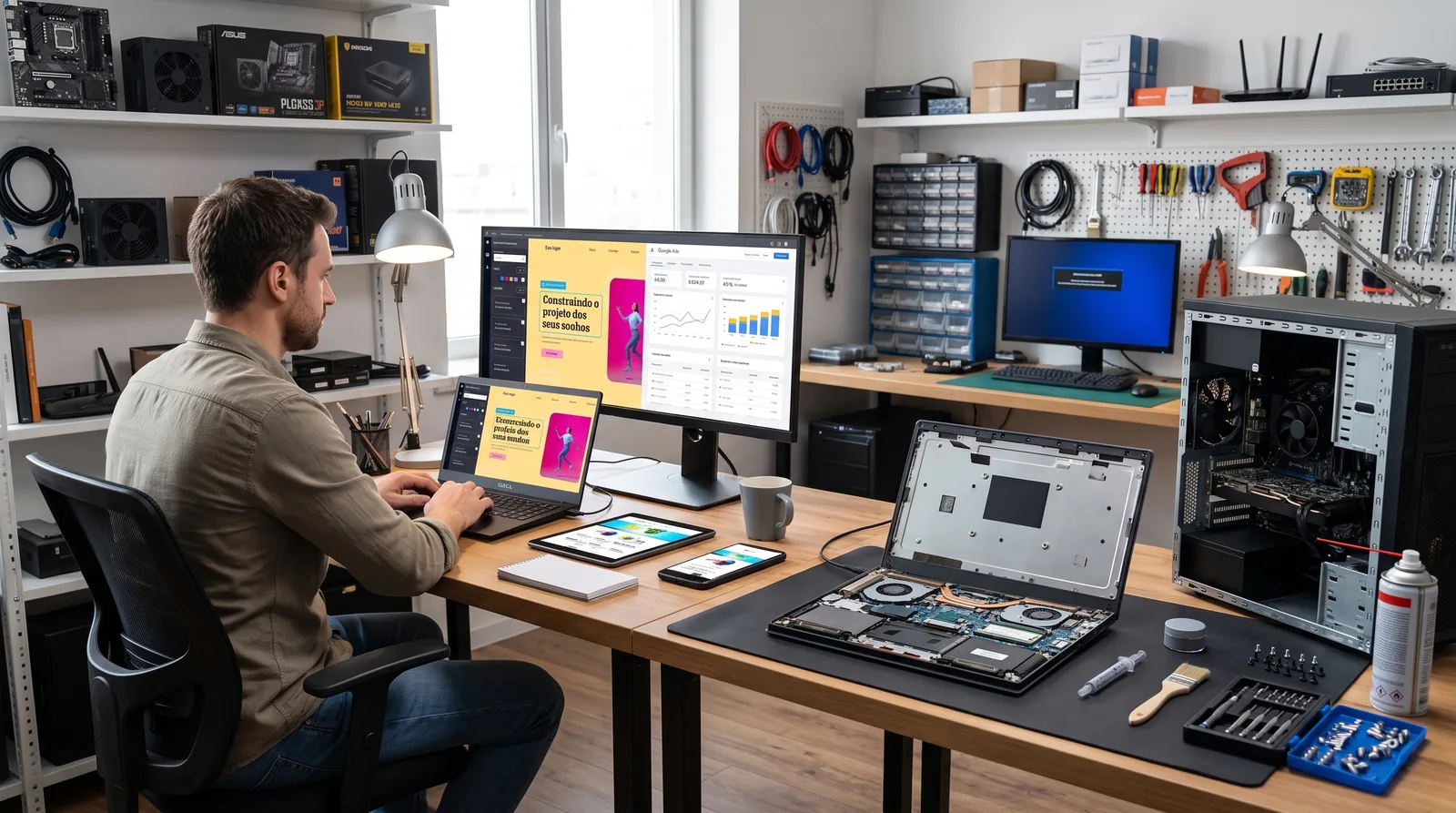 Bancada de desenvolvimento web e manutenção técnica de hardware da L.E. Digital