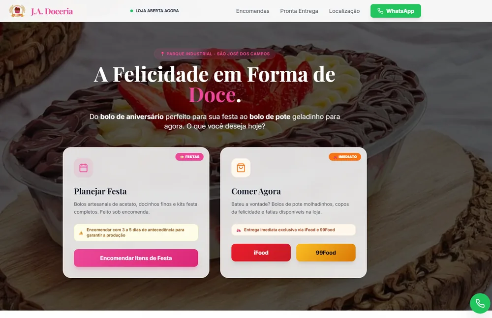 Site e catálogo comercial da J.A. Doceria no Parque Industrial SJC